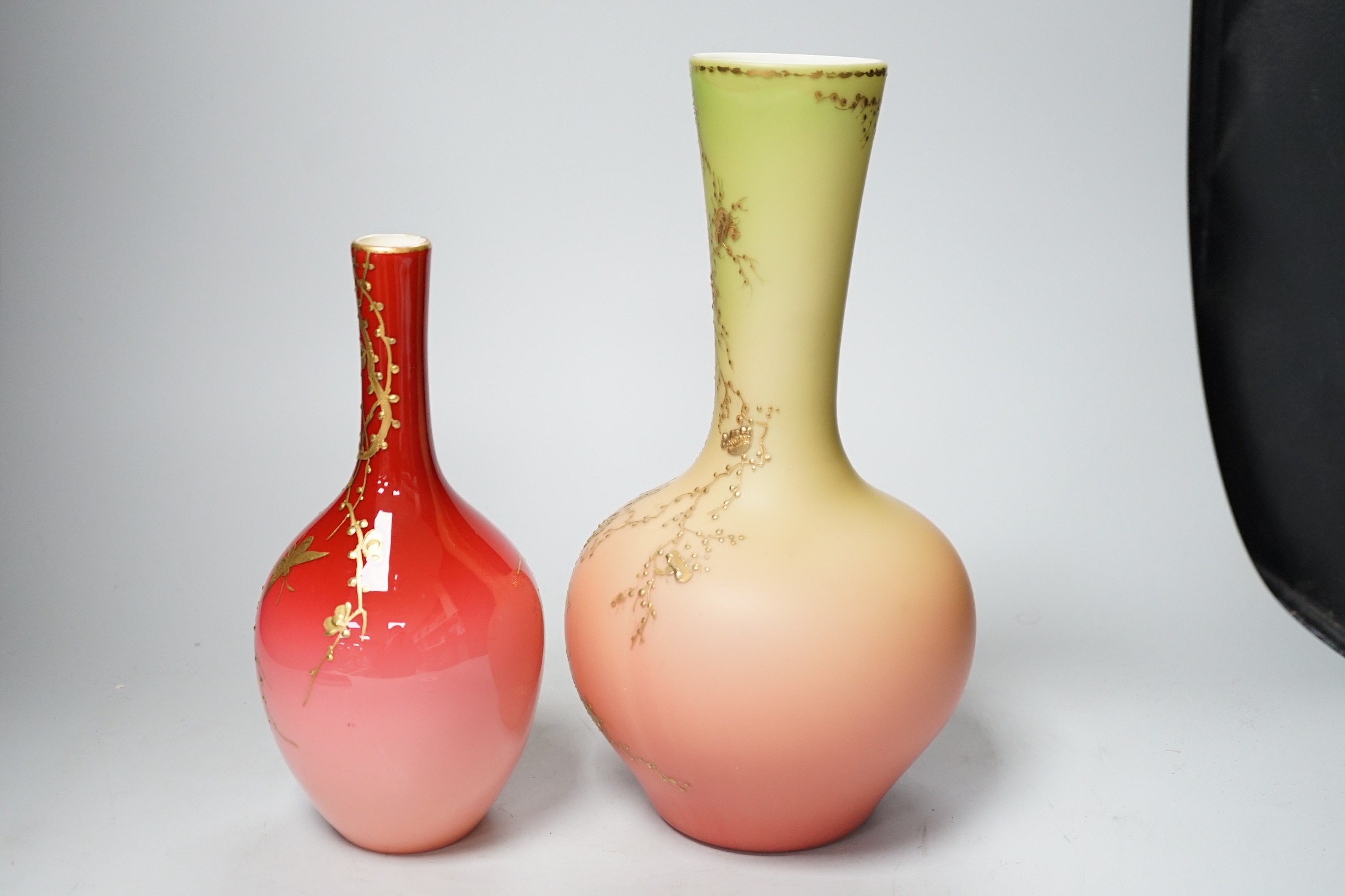A gilded glass vase in the style of Jules Barbe and one other gilded coloured glass vase, tallest 30cm